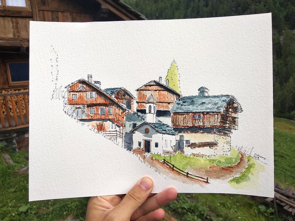 disegno ad acquerello di cuneaz, in valle d'aosta